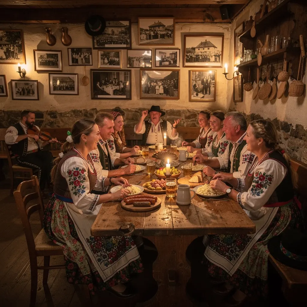 A group of locals dancing to traditional Slovak music during an outdoor cultural celebration.