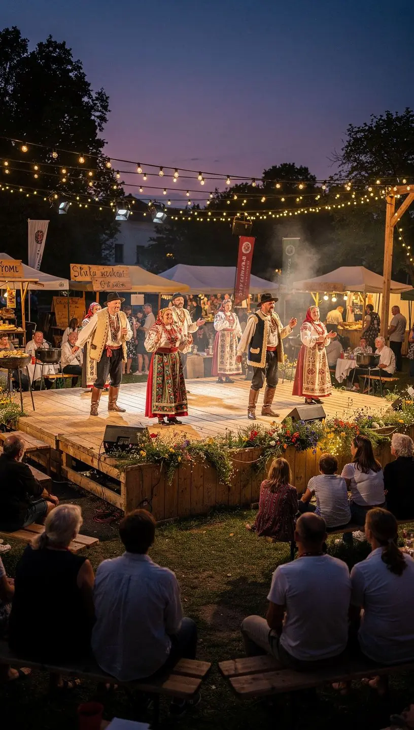 Children learning traditional folk dances from experienced performers during a community event.
